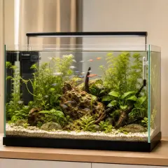 Ett vackert akvarium med småfiskar och frodiga växter. Perfekt inspiration om du vill skaffa akvarium och skapa en undervattensvärld hemma.