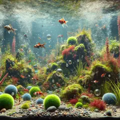 Fiskar simmar bland frodiga grönalger och koralliknande växter i ett bubblande akvarium.