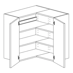 Hörnakvarium med möbel, öppen med hyllor och en skena.