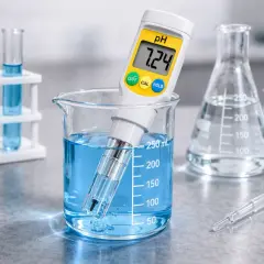 En digital pH-mätare visar 7.24 när den används för att kalibrera pH mätaren i blå vätska i ett mätglas. Provrör med färgad vätska syns i bakgrunden.
