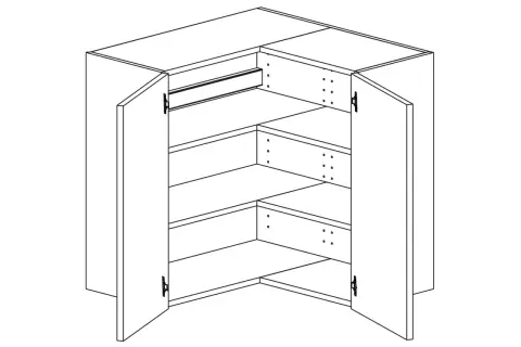 Hörnakvarium med möbel, öppen med hyllor och en skena.