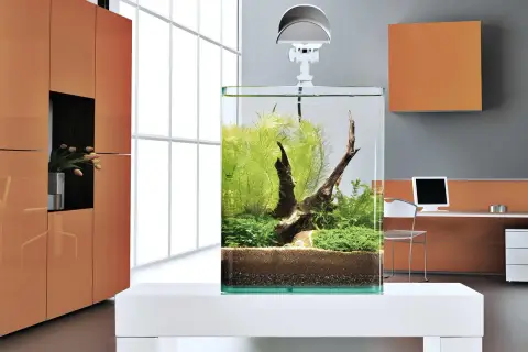 Ett stilrent litet akvarium med frodig grönska och drivved, placerat på ett vitt bord i ett modernt rum.