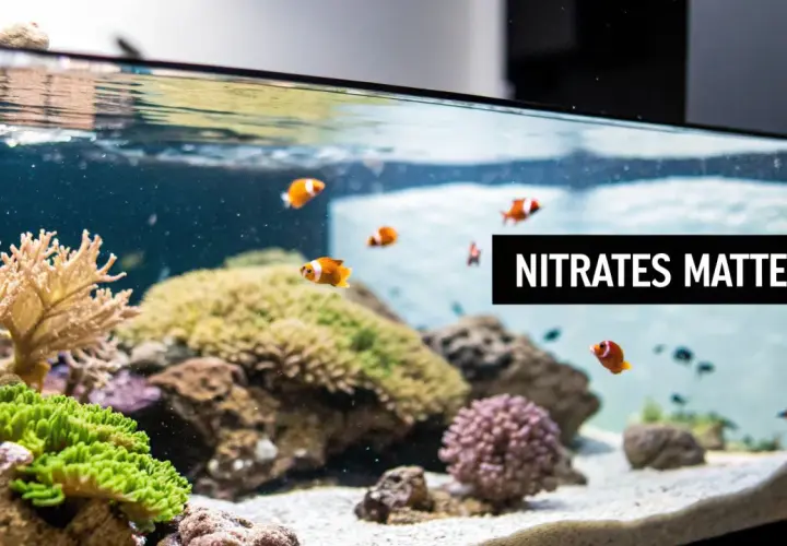 Ett no3 akvarium med clownfiskar och koraller. Texten "NITRATES MATTER" syns.