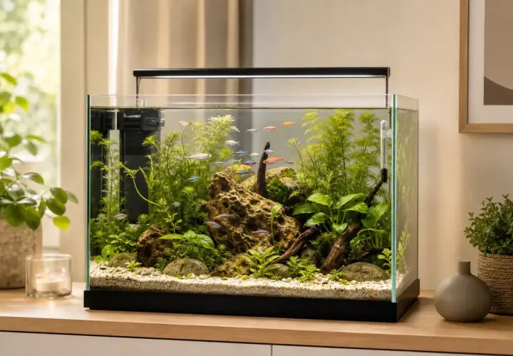 Ett vackert akvarium med småfiskar och frodiga växter. Perfekt inspiration om du vill skaffa akvarium och skapa en undervattensvärld hemma.