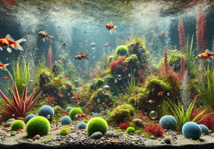 Fiskar simmar bland frodiga grönalger och koralliknande växter i ett bubblande akvarium.