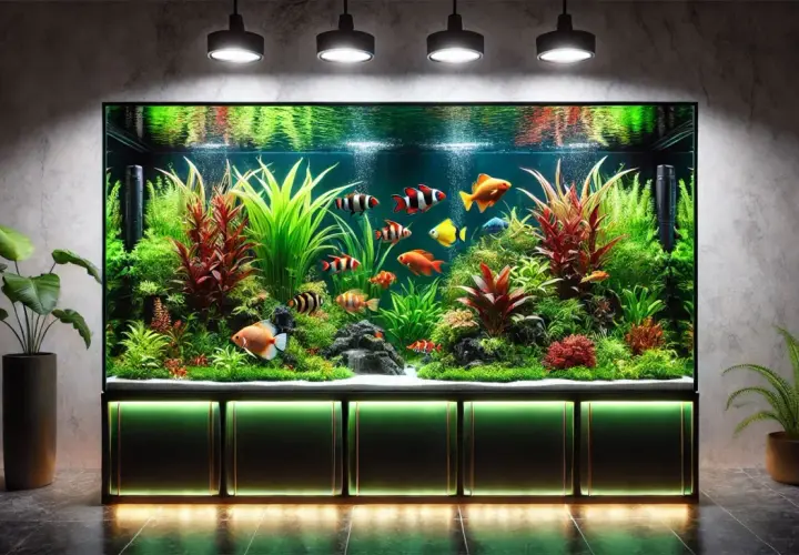 Ett frodigt akvarium med färgglada fiskar och växter. Vattnets elektriska konduktivitet är avgörande för dess invånares välbefinnande.