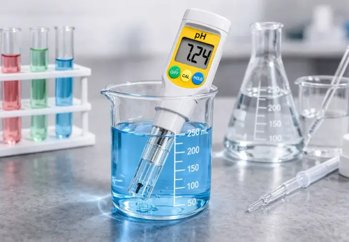 En digital pH-mätare visar 7.24 när den används för att kalibrera pH mätaren i blå vätska i ett mätglas. Provrör med färgad vätska syns i bakgrunden.