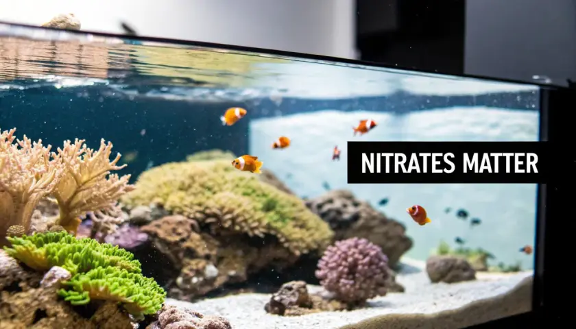 Ett no3 akvarium med clownfiskar och koraller. Texten "NITRATES MATTER" syns.