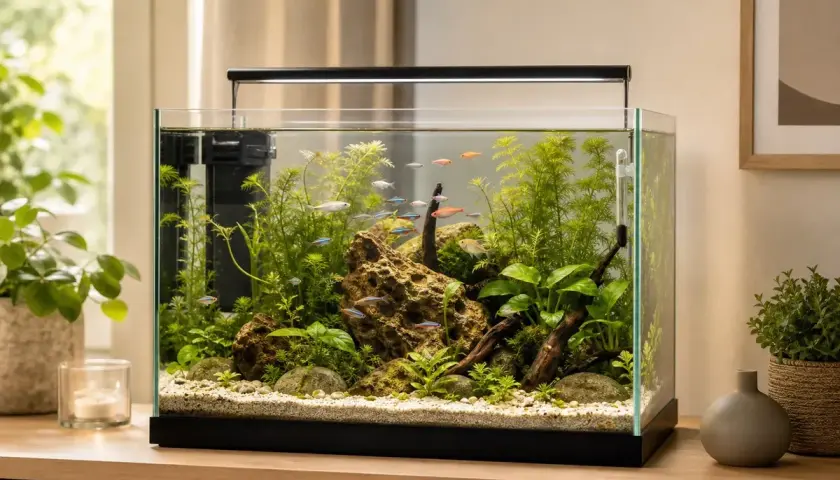 Ett vackert akvarium med småfiskar och frodiga växter. Perfekt inspiration om du vill skaffa akvarium och skapa en undervattensvärld hemma.