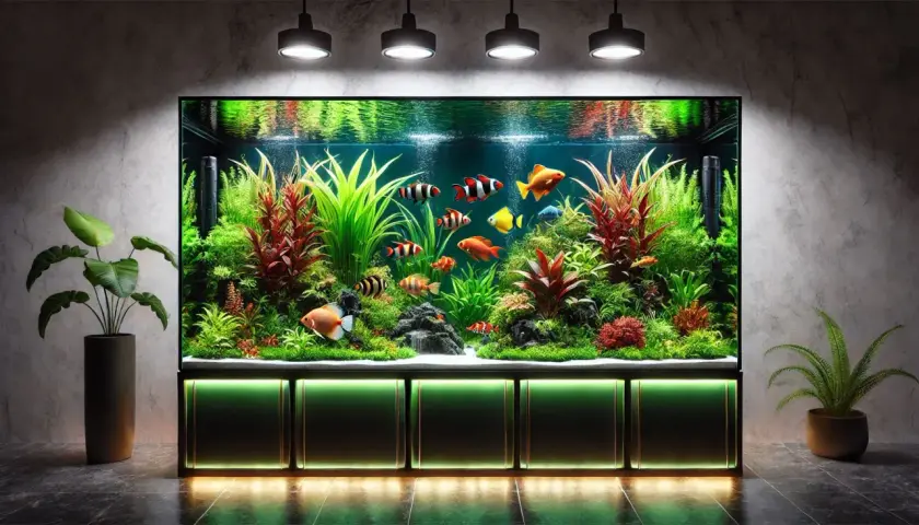 Ett frodigt akvarium med färgglada fiskar och växter. Vattnets elektriska konduktivitet är avgörande för dess invånares välbefinnande.