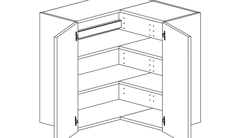 Hörnakvarium med möbel, öppen med hyllor och en skena.
