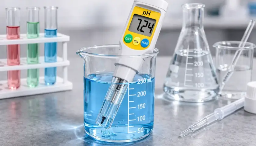 En digital pH-mätare visar 7.24 när den används för att kalibrera pH mätaren i blå vätska i ett mätglas. Provrör med färgad vätska syns i bakgrunden.