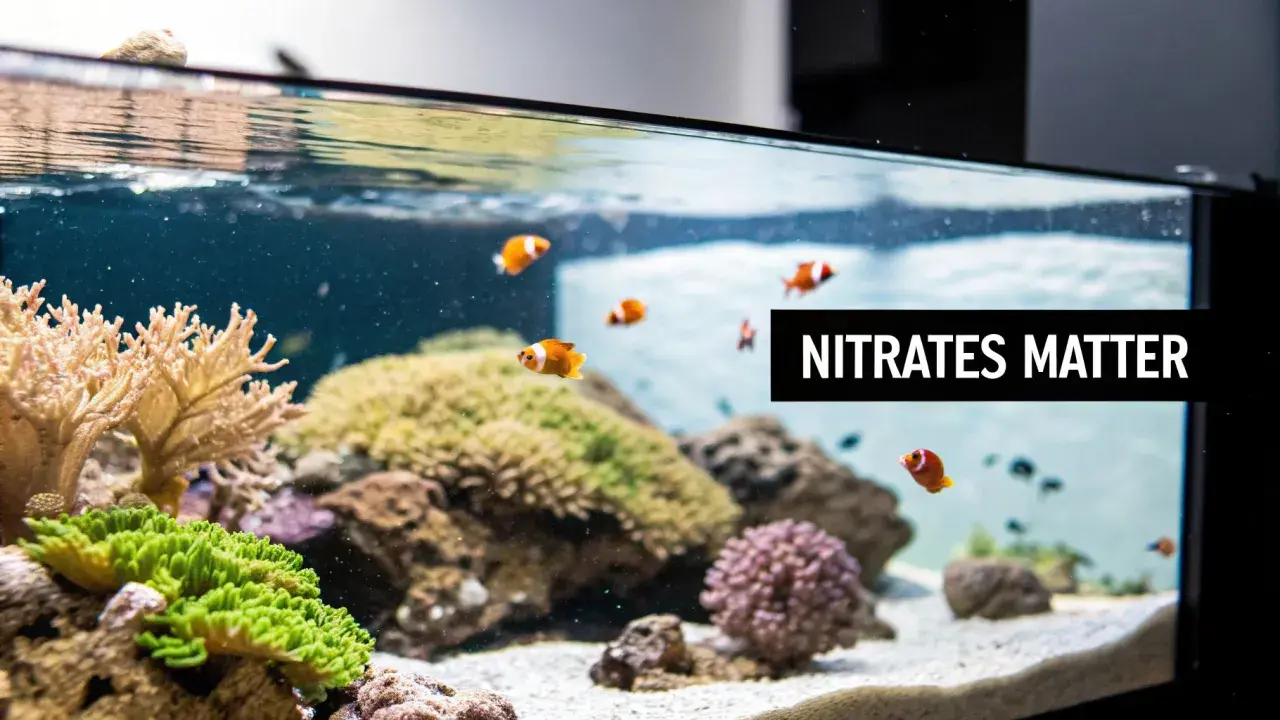 Ett no3 akvarium med clownfiskar och koraller. Texten "NITRATES MATTER" syns.
