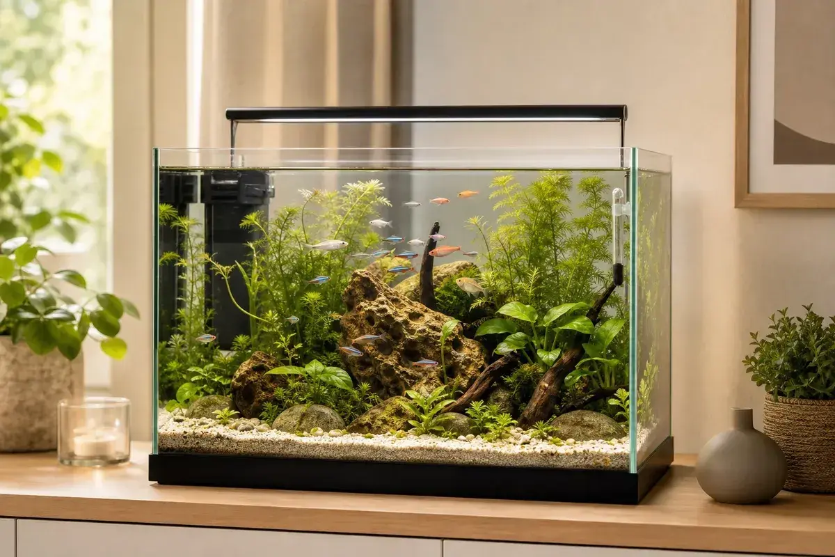 Ett vackert akvarium med småfiskar och frodiga växter. Perfekt inspiration om du vill skaffa akvarium och skapa en undervattensvärld hemma.