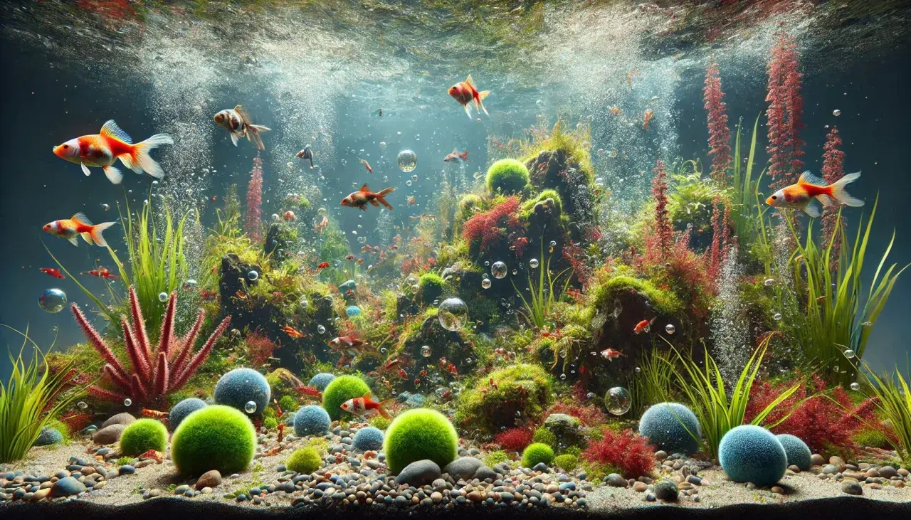 Fiskar simmar bland frodiga grönalger och koralliknande växter i ett bubblande akvarium.