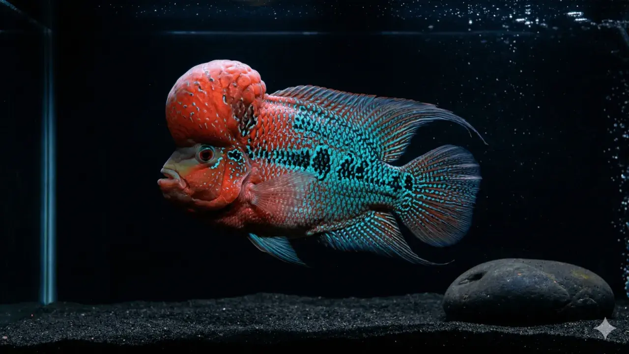 En ståtlig flowerhorn fish med sin karaktäristiska panna simmar i ett mörkt akvarium.