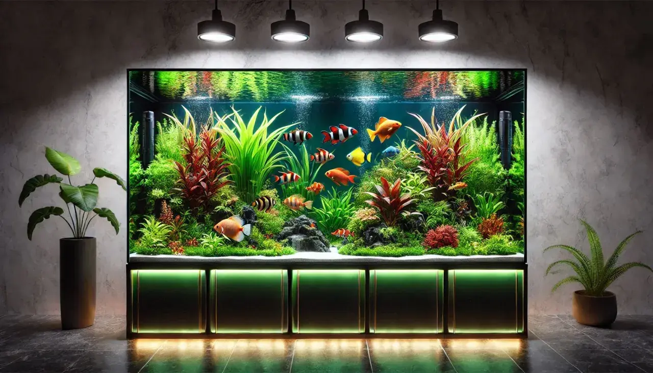 Ett frodigt akvarium med färgglada fiskar och växter. Vattnets elektriska konduktivitet är avgörande för dess invånares välbefinnande.