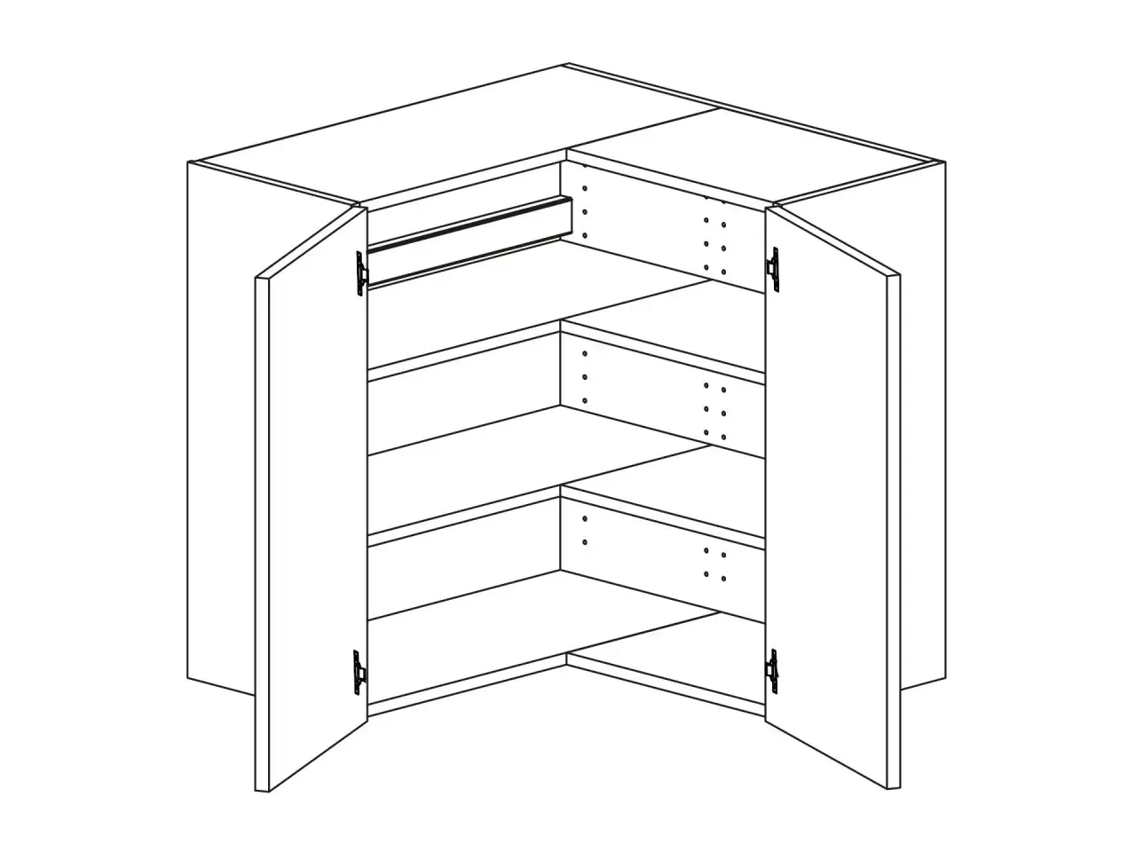 Hörnakvarium med möbel, öppen med hyllor och en skena.