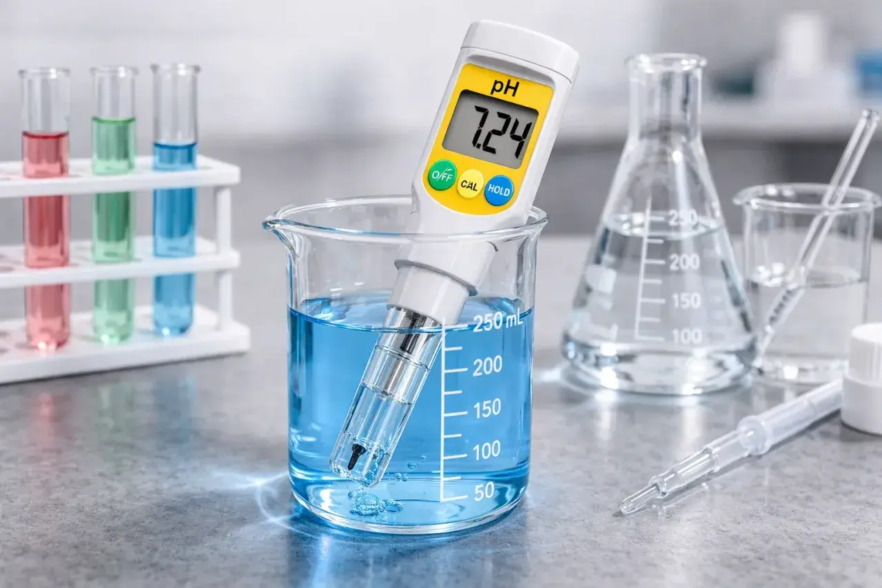 En digital pH-mätare visar 7.24 när den används för att kalibrera pH mätaren i blå vätska i ett mätglas. Provrör med färgad vätska syns i bakgrunden.