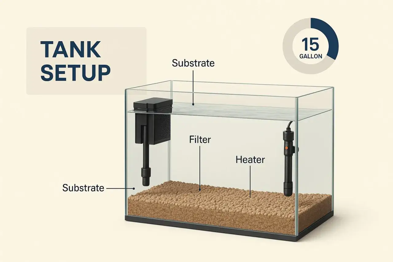 En illustration av ett 15-gallon akvarium med substrat, filter och v&auml;rmare. Grundl&auml;ggande akvarieteknik f&ouml;r ett h&auml;lsosamt hem f&ouml;r fiskar.