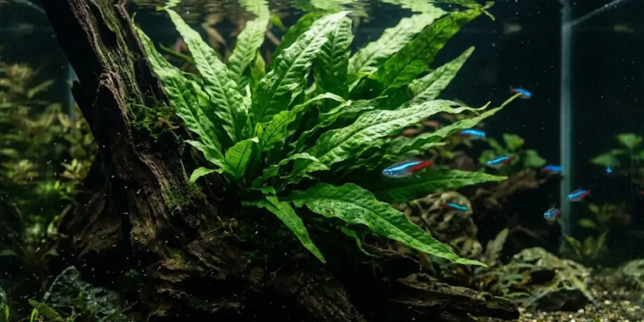 Java fern växer frodigt bredvid en drivvedsbit i ett akvarium med neonfiskar som simmar förbi.