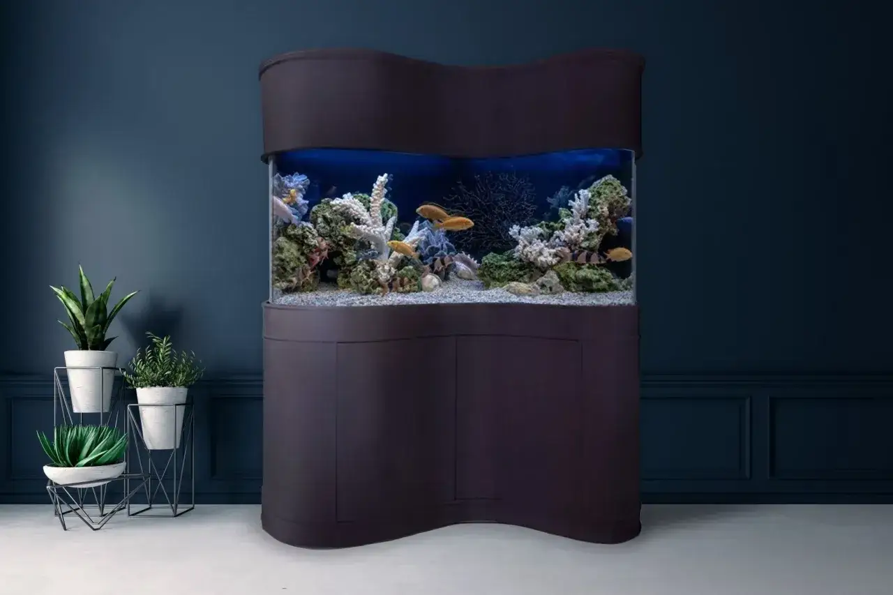 Ett elegant hörnakvarium med möbel, fyllt med färggranna fiskar och koraller, står mot en mörkblå vägg.