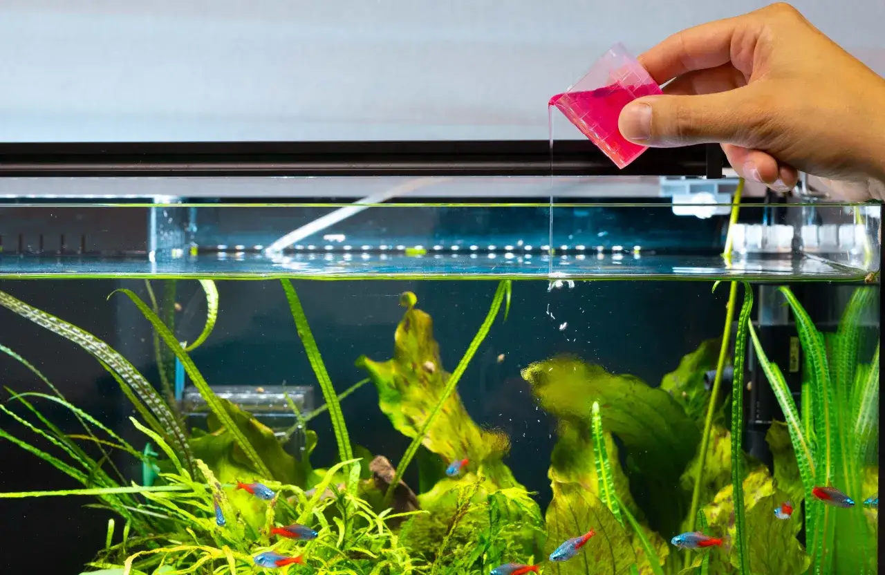 En hand h&auml;ller rosa v&auml;xtn&auml;ring akvarium f&ouml;r att ge n&auml;ring &aring;t de frodiga gr&ouml;na v&auml;xterna och de sm&aring; neonfiskarna.