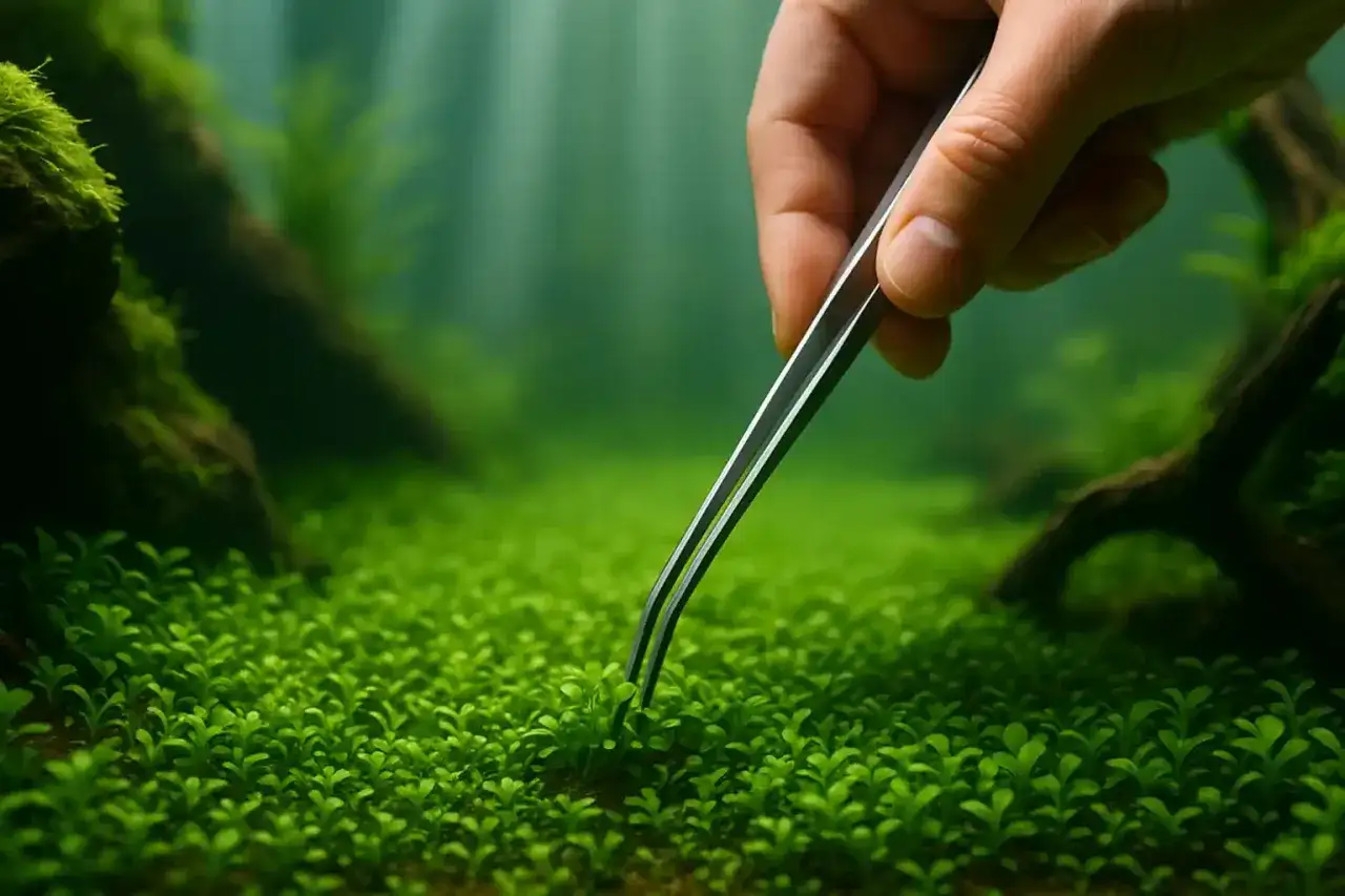 En hand med pincett planterar små gröna plantor av eleocharis acicularis i ett akvarium.