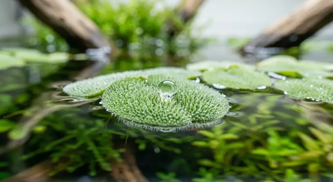 En vattendroppe vilar p&aring; en gr&ouml;n, taggig bladkant av Cryptocoryne parva i ett akvarium.