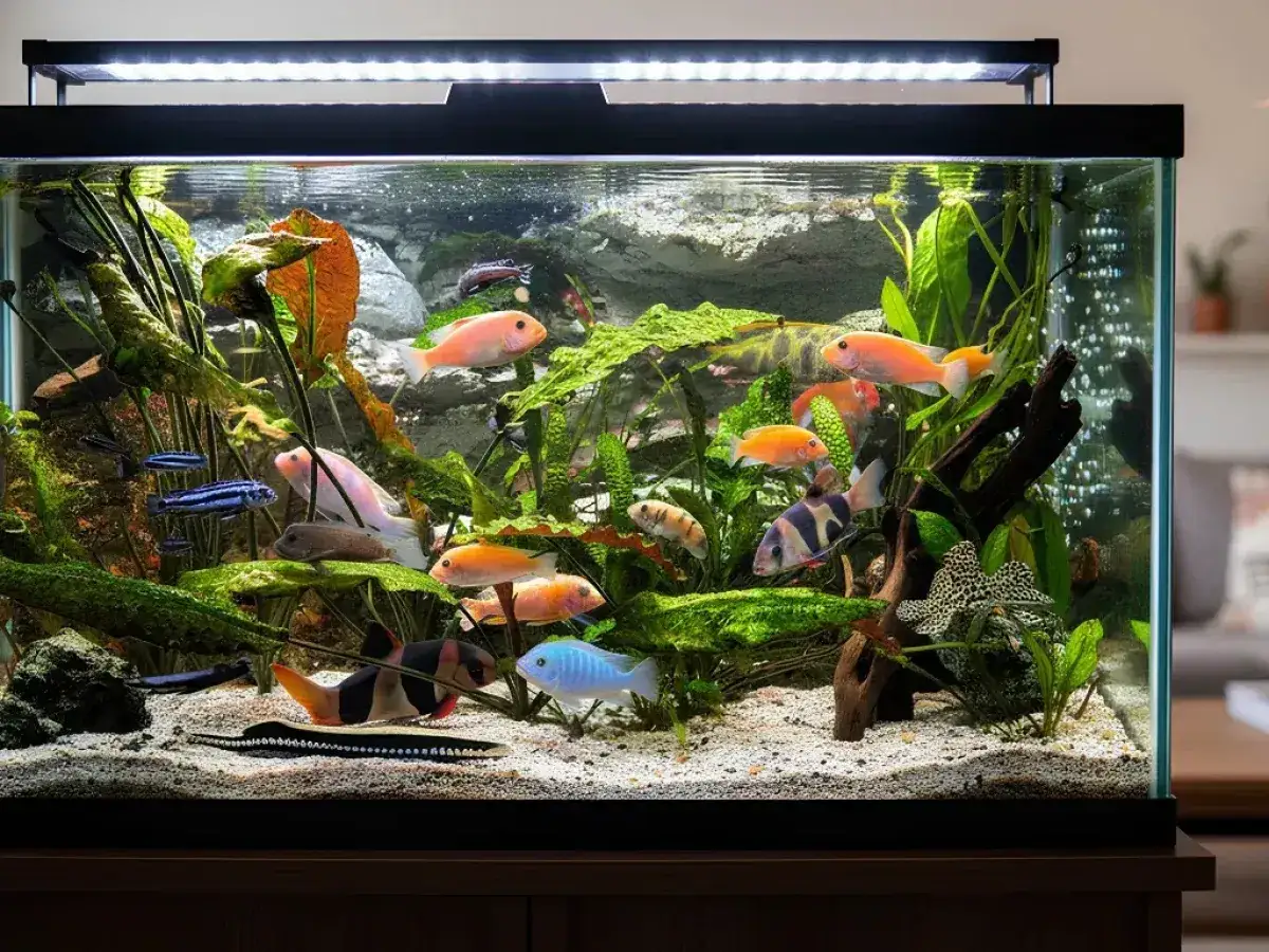 Ett akvarium med m&aring;nga akvariefiskar, representativa arter som guldfiskar, malar och ciklider simmar bland v&auml;xter och stenar.