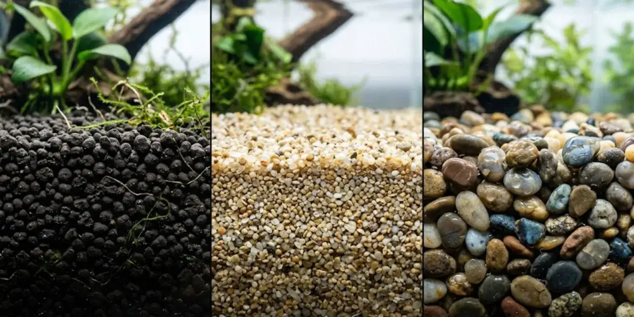 Tre olika typer av grus till akvarium: mörk näringsrik jord, ljus sand och färggranna stenar.