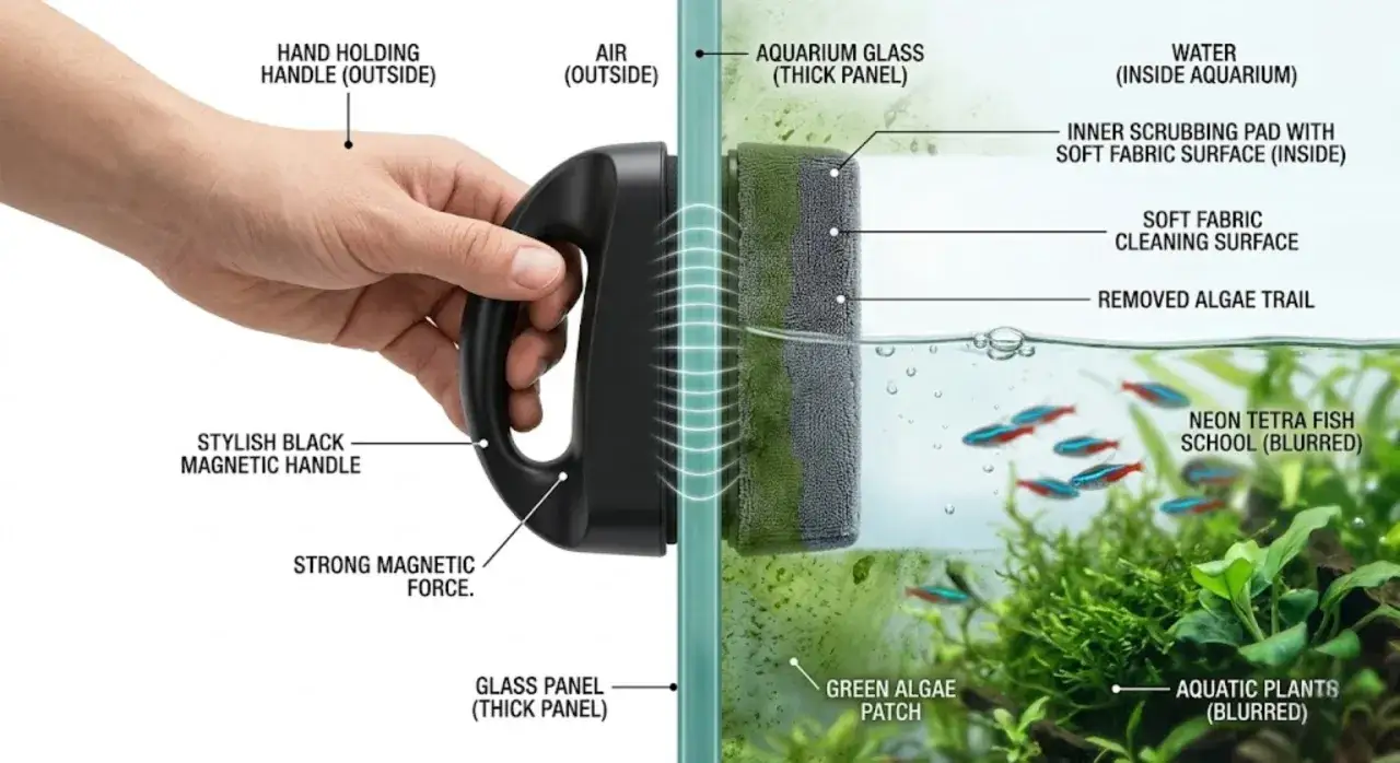 En hand håller ett magnetiskt akvarieglasverktyg för att ta bort grönalger. Fiskar och växter syns i bakgrunden.