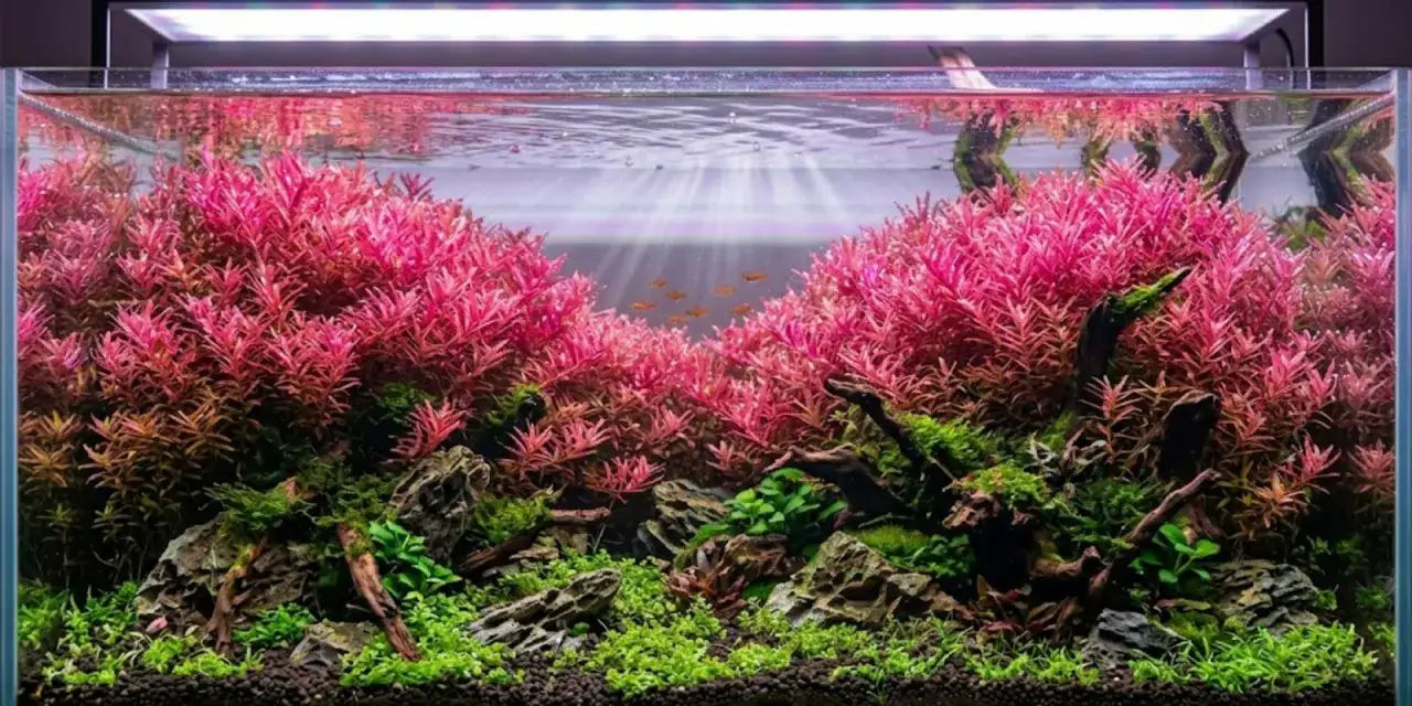 Ett akvarium med frodig, r&ouml;d Rotala Wallichii som skapar en dramatisk bakgrund. Sm&aring; fiskar simmar i det klara vattnet.