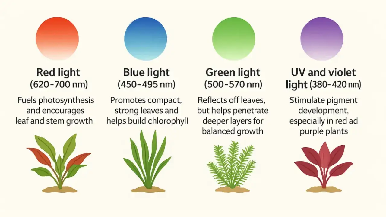 Diagram visar hur olika ljusf&auml;rger p&aring;verkar v&auml;xter i ett v&auml;xtakvarium. R&ouml;tt ljus f&ouml;r fotosyntes, bl&aring;tt f&ouml;r starka blad, gr&ouml;nt f&ouml;r djupare tillv&auml;xt och UV/violett f&ouml;r pigmentutveckling.